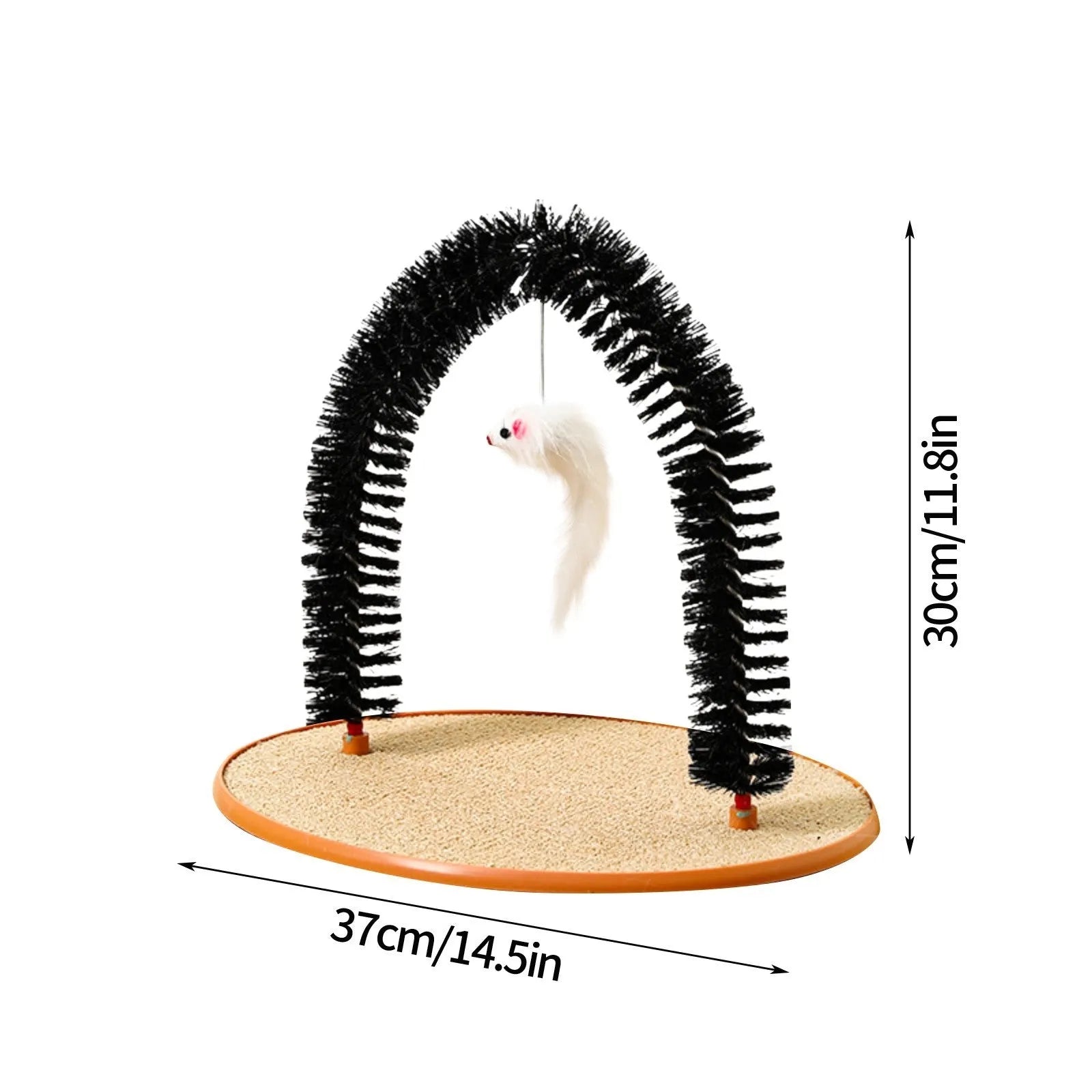 Black arch-shaped cat scratch post with rubbing surface and attached plush mouse toy