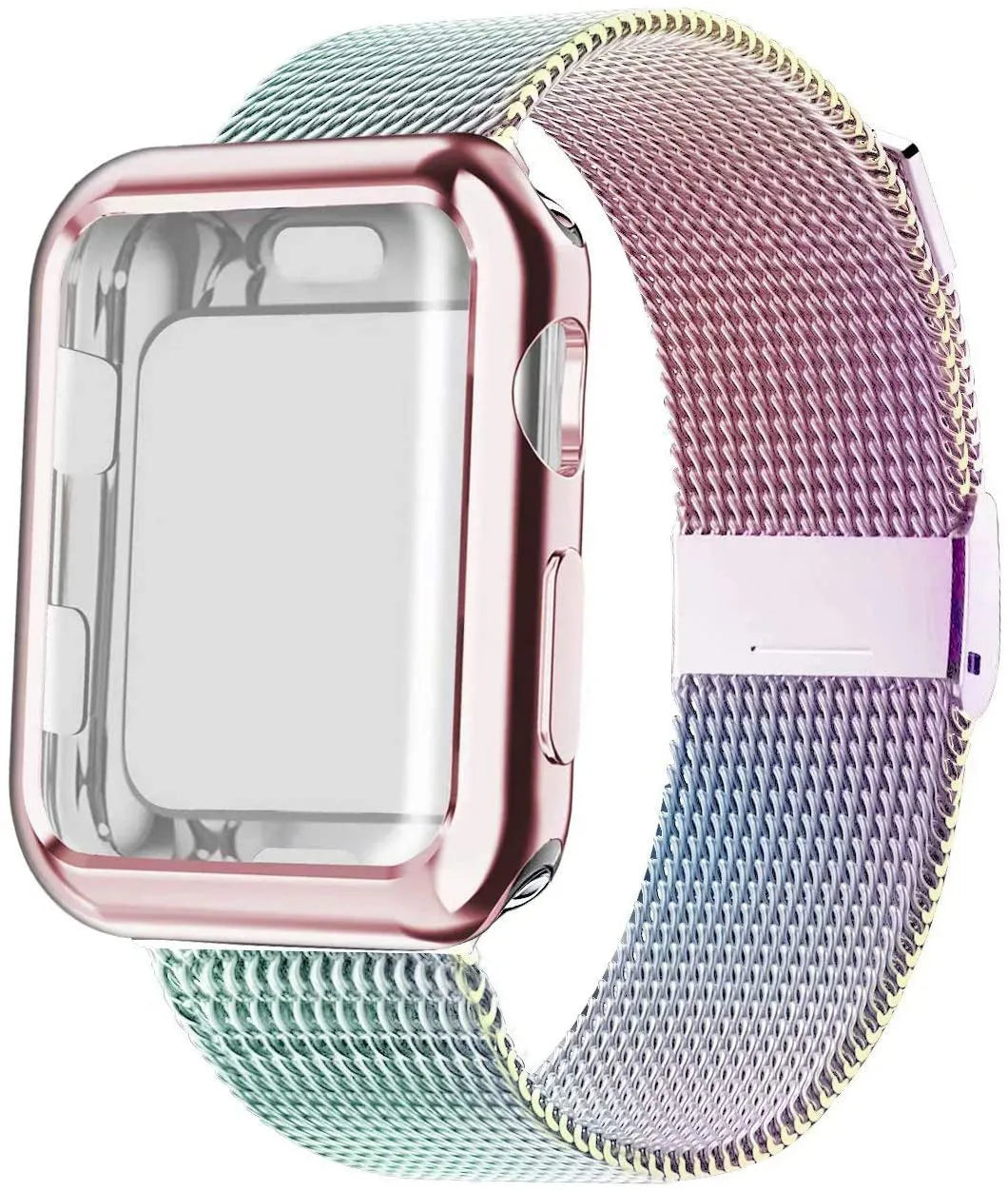 Magnetic Milanese metal and TPU Apple Watch band on a wrist, showing adjustable clasp.