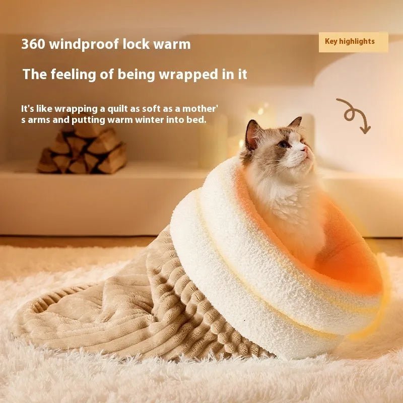 Brown plush semi-enclosed cat sleeping bag with thick stripes, shown on a floor.