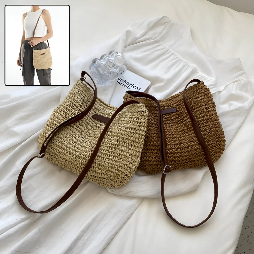 Niche design medium straw tote bag in beige with zipper closure, horizontal square shape, woven material
