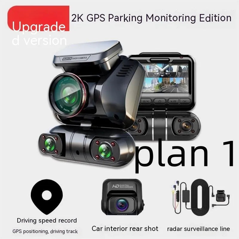 Four-lens car dash camera with 2-inch screen for parking surveillance and GPS logging