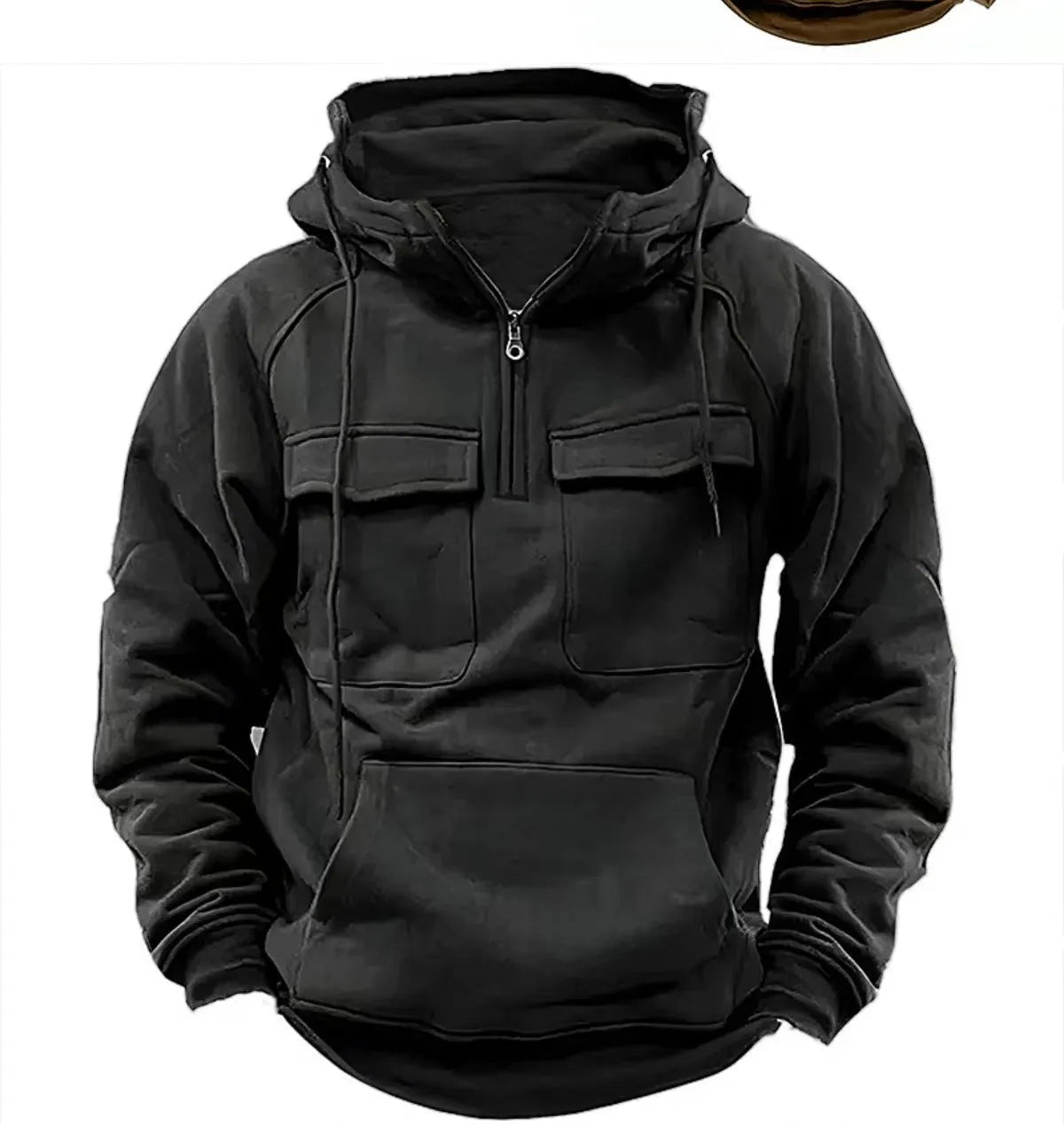 Men's drawstring hoodie sweatshirt in thick polyester with front pocket, available in black