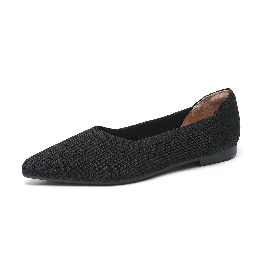 Women's apricot knit pointed toe flat ballet pumps with a rubber sole, shown from the side.