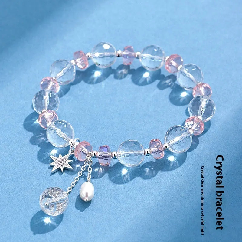 Women's white crystal bracelet with lucky cat charm and diamond design elements