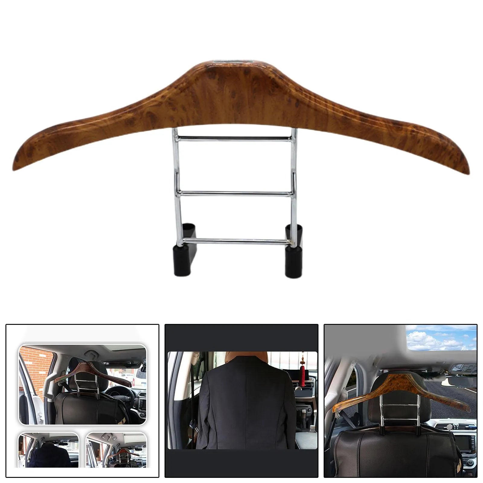Wood yellow stainless steel and ABS car coat hanger for suits and shirts, shown detached.