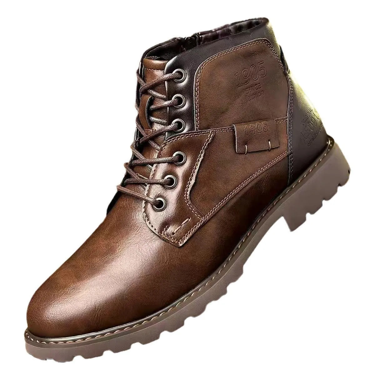 Men's brown ankle boots with side zipper and rubber sole on size 45