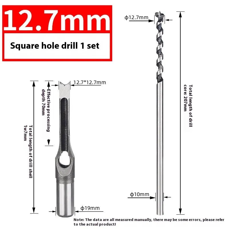 12.7mm carbon steel square hole drill bit and sleeve set for woodworking.
