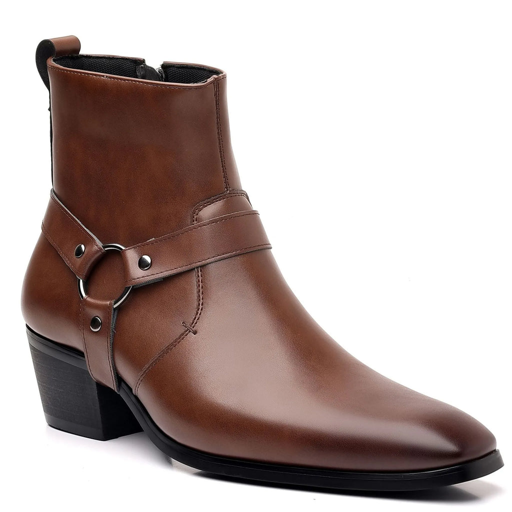 Black unisex chain ankle boots with side zipper, square toe, and high heel.