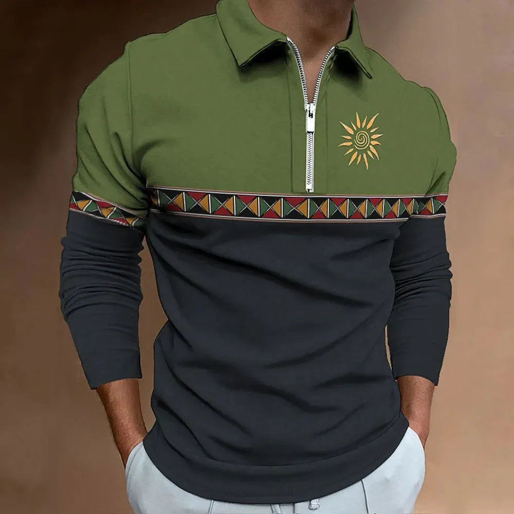 Man wearing a loose-fit long sleeve t-shirt with retro colour printing and zipper details.