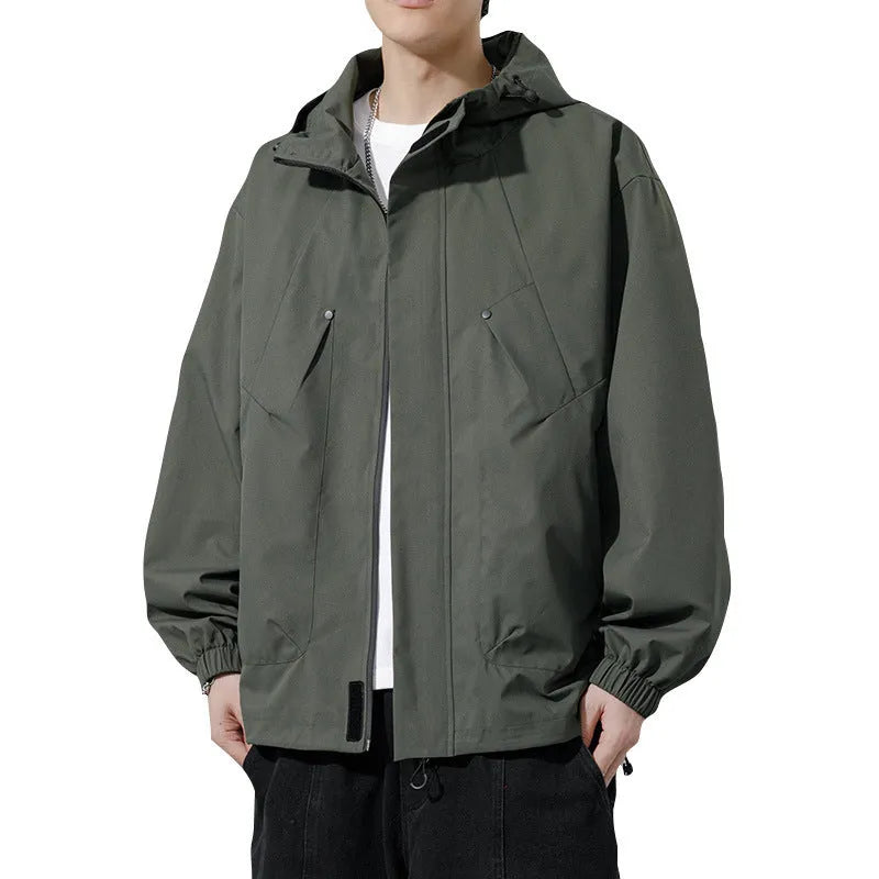 Men's plus size hooded casual coat in khaki, front view, polyester blend, spring autumn