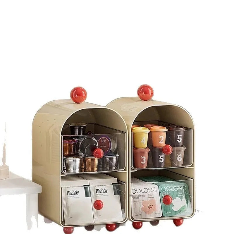 Large capacity clear plastic storage box in milky white and red for office tea room, drawer design