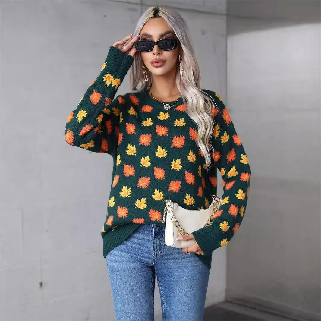 Maple leaf design Christmas sweater in loose street fashion style, available in beige and dark green colours
