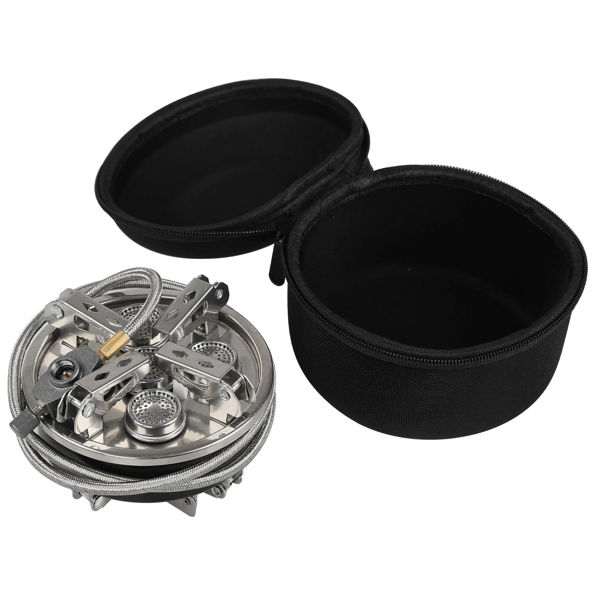 Silver foldable stainless steel and copper split camping stove with a long hose, shown closed for transport.