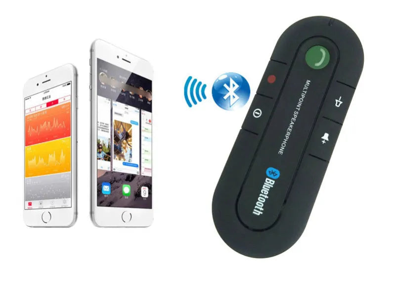 Black vehicle-mounted Bluetooth handsfree device clipped to car sun visor with aux cable