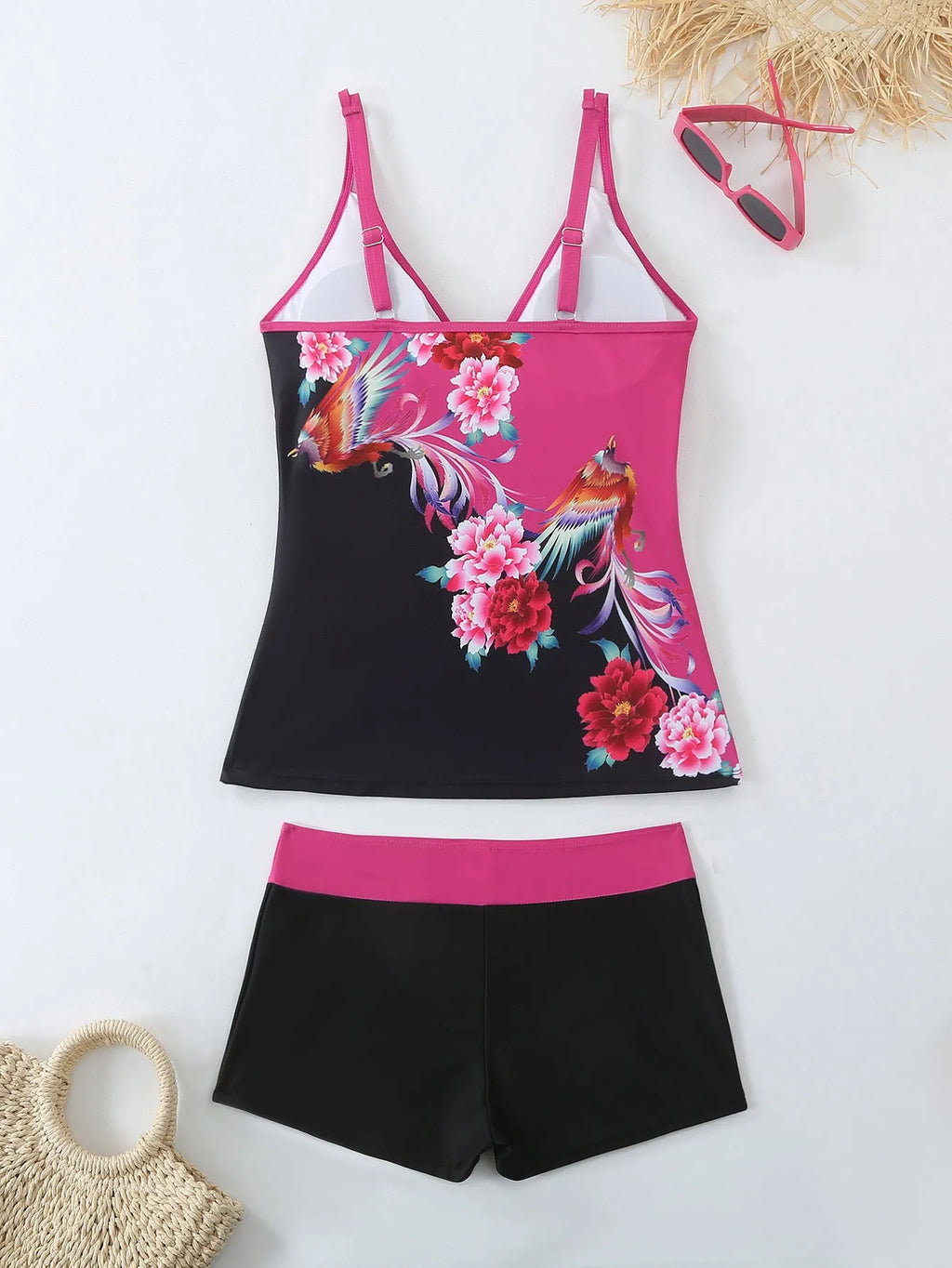 Women's plus size split design swimsuit in black or rose red with cotton lining and briefs style