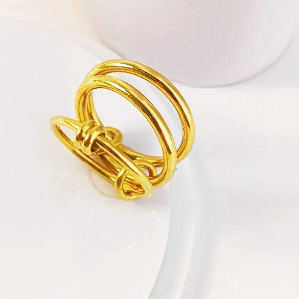 Titanium steel ring in Trinity ring gold B398 with geometric line design, womens fashion OL style