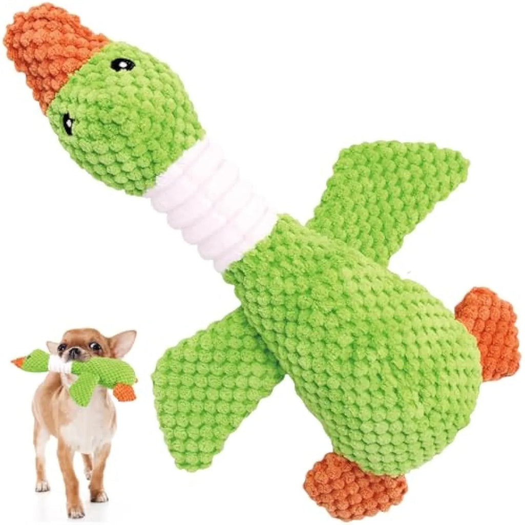 Blue duck-shaped dog plush toy with squeakers for chewing and play