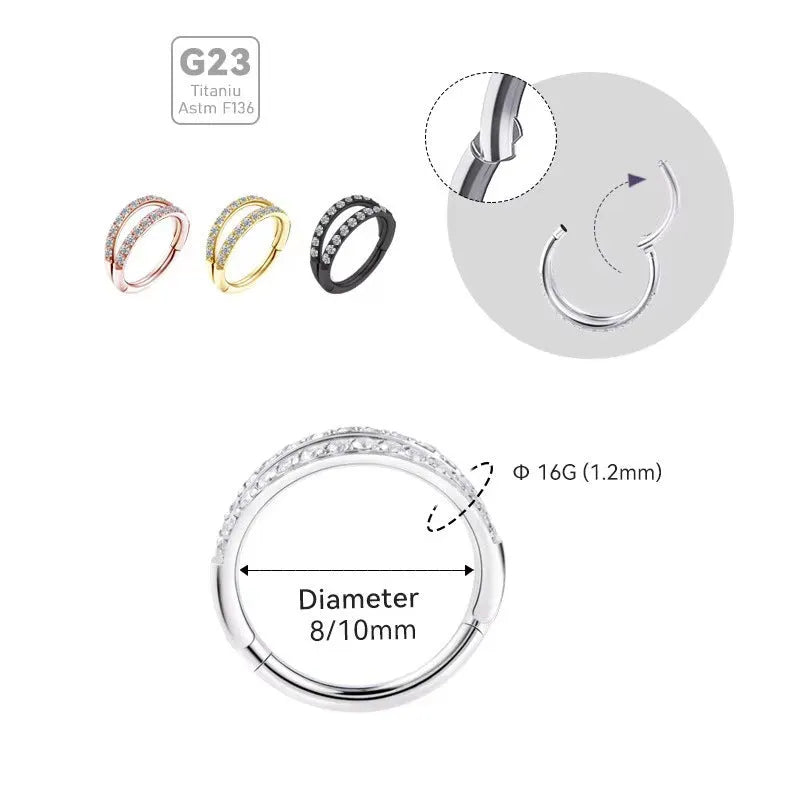 G23 titanium alloy lip and nose ring with zircon diamond finish in gold or steel colour, showing size options.