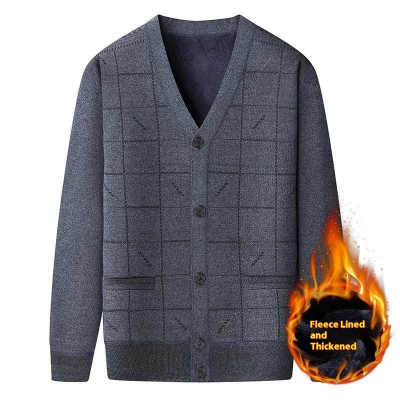Men's dark grey fleece-lined cardigan with batwing sleeves on a hanger