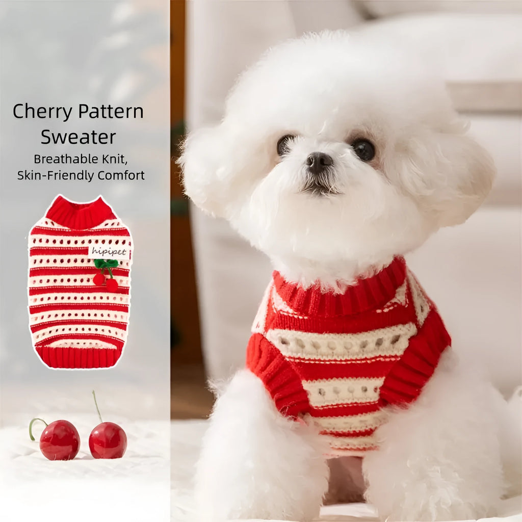 Red and white knitted pet sweater with cut-out detail and 3D cherry embroidery for small dogs and cats
