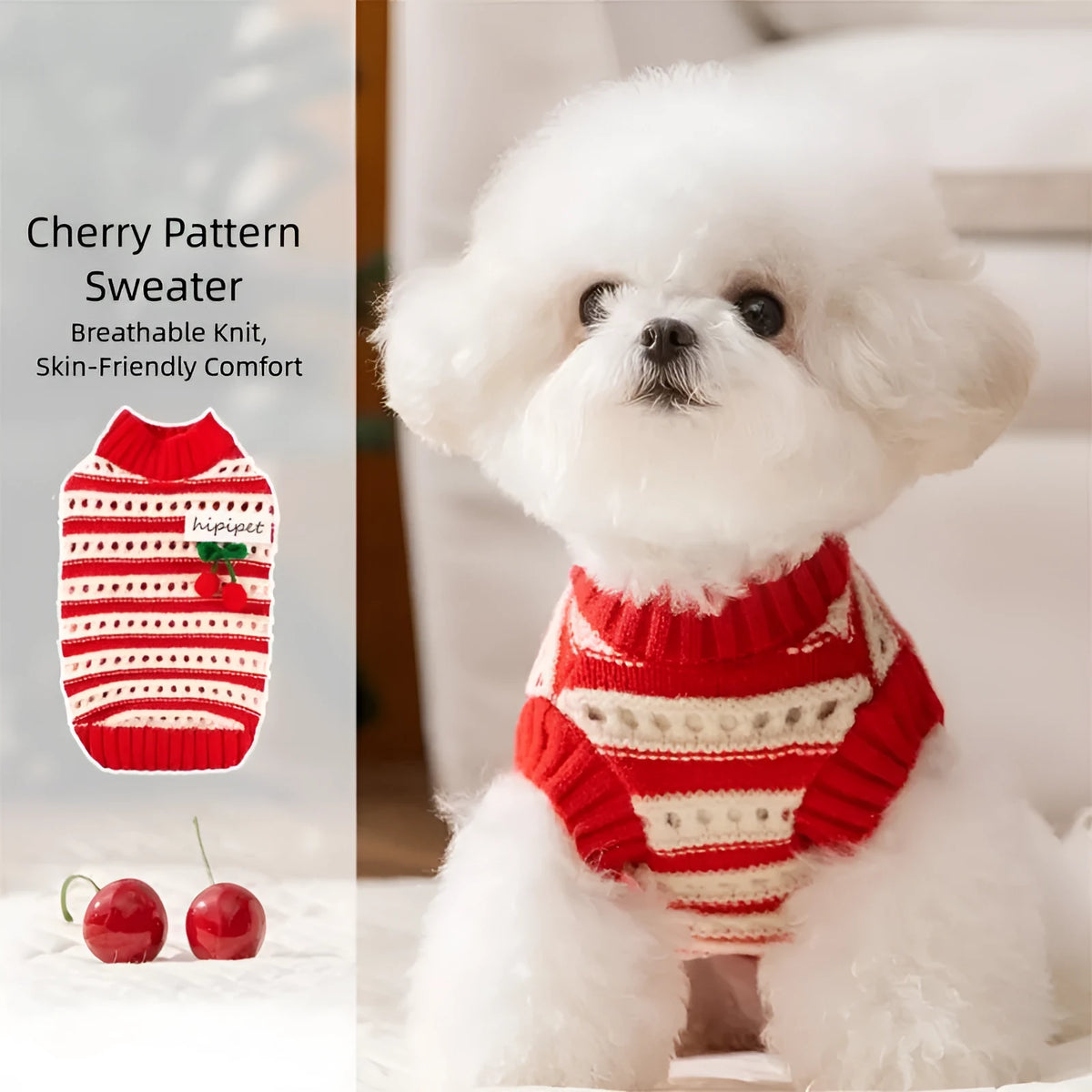 Red and white knitted pet sweater with cut-out detail and 3D cherry embroidery for small dogs and cats