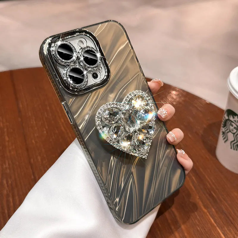 Silicone phone case with rhinestone love bracket and lens protector for iPhone in silver