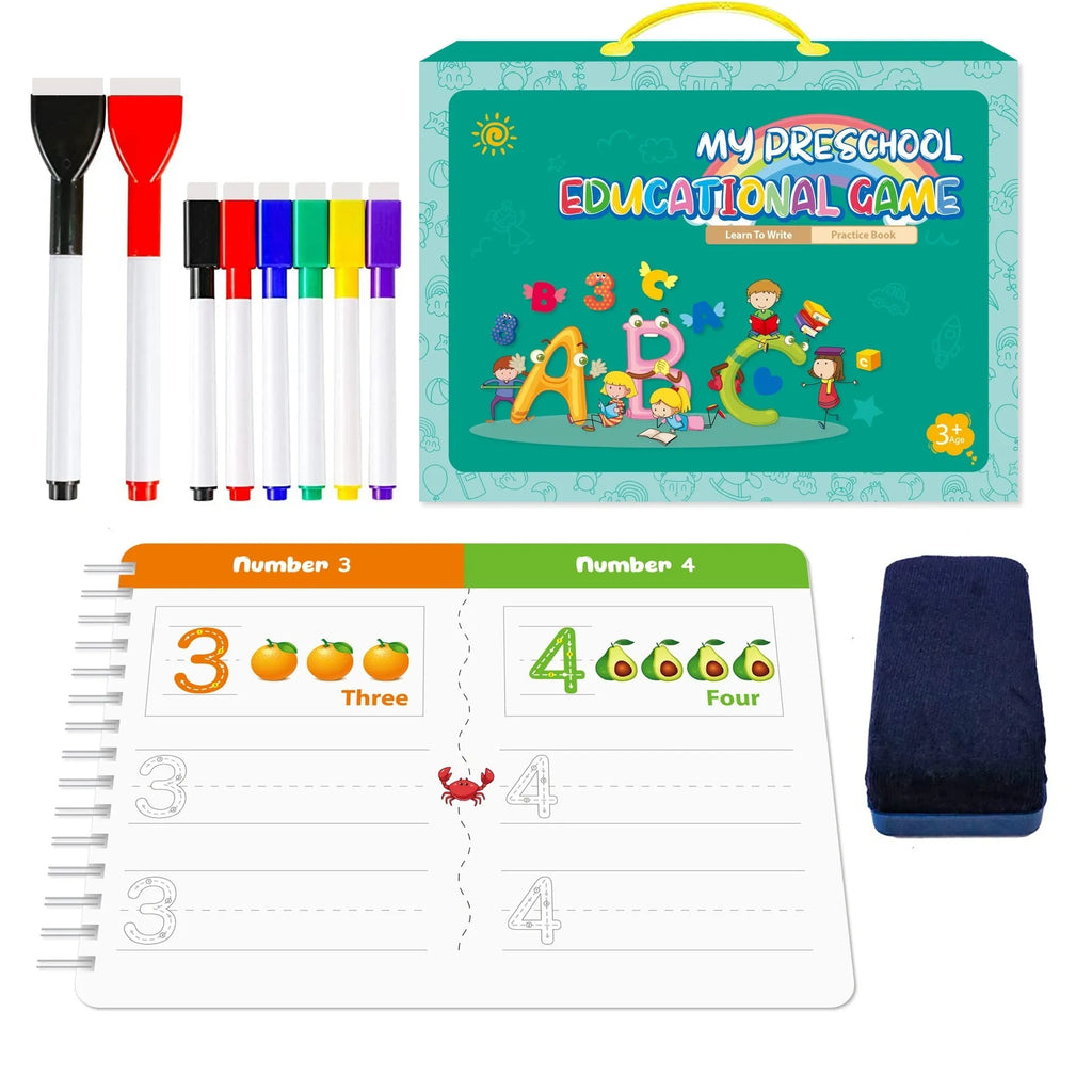 Montessori handwriting practice book set with erasable pens and reward stickers in gift box