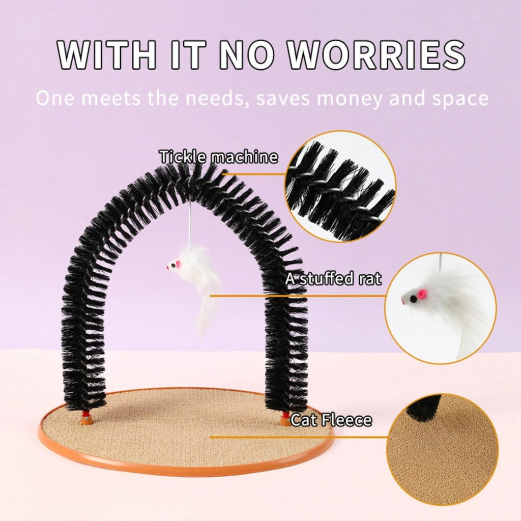 Black arch-shaped cat scratch post with rubbing surface and attached plush mouse toy