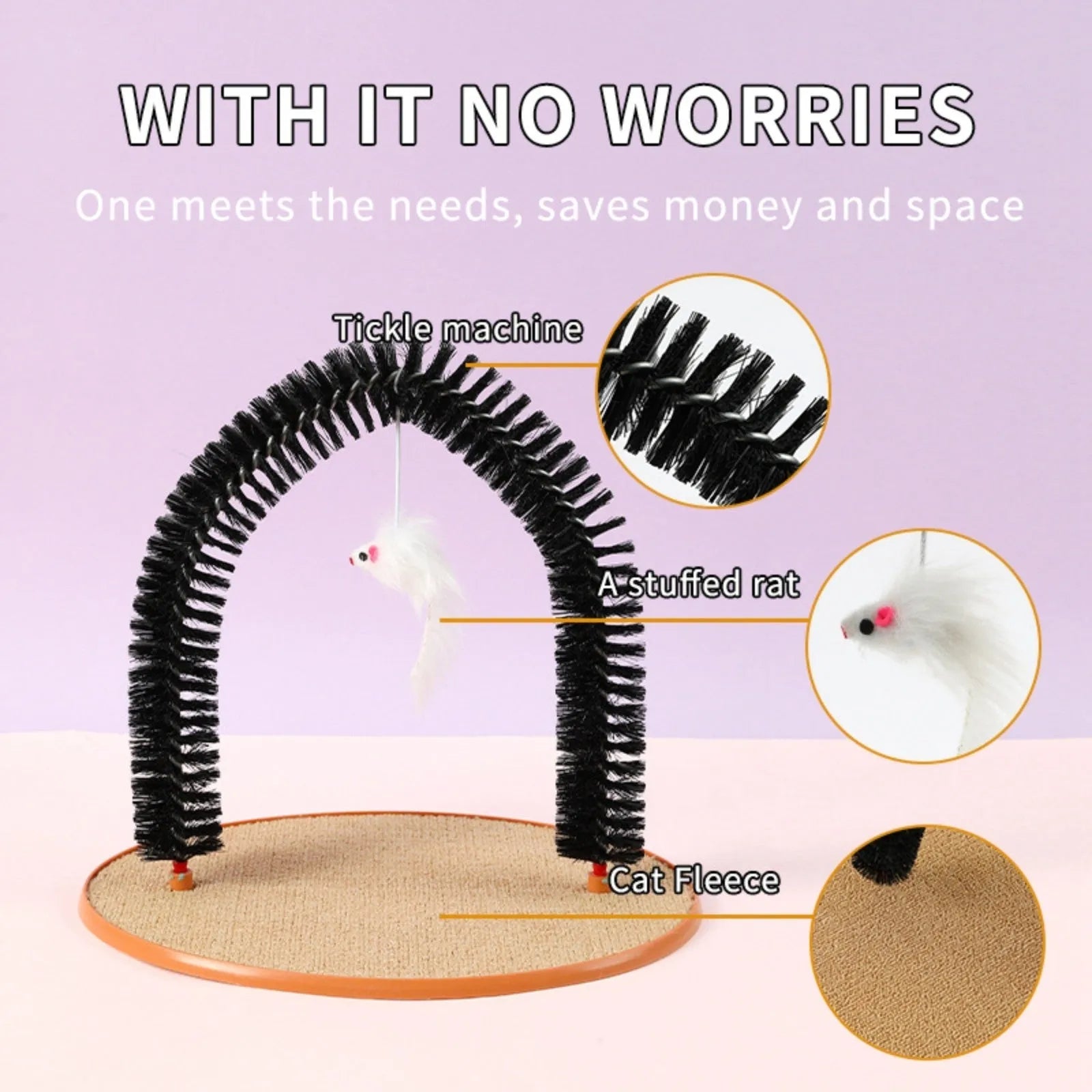Black arch-shaped cat scratch post with rubbing surface and attached plush mouse toy
