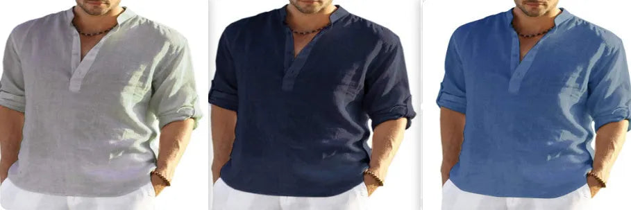 Men's solid colour casual shirt with stand collar and long sleeves in a cotton linen fabric