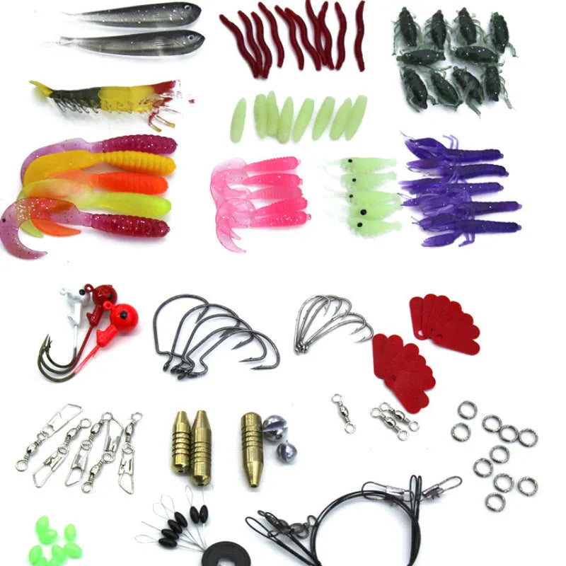 Rose red case containing 132-piece fishing lure set with soft plastic baits and steel hooks