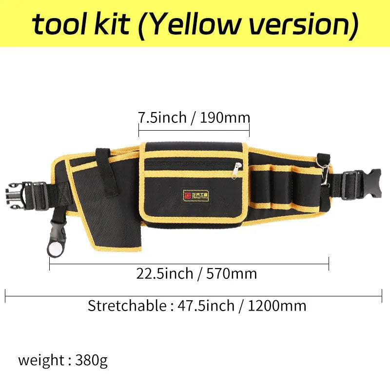 Yellow canvas electrician tool waist bag with belt and multi-function storage for small repair tools