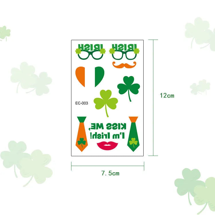 Paper tattoo sticker with green clover design for St. Patrick's Day, showing 120x75mm size.
