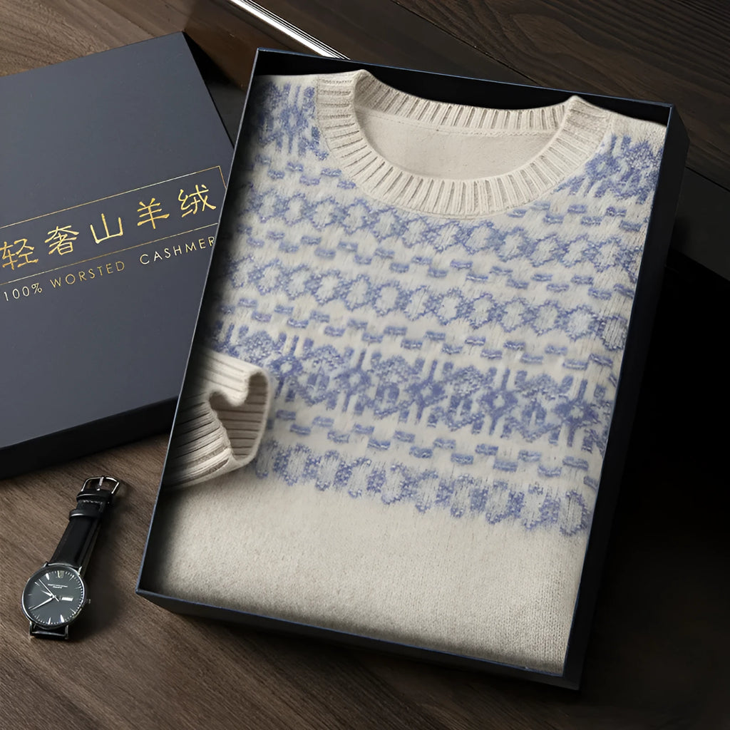 Men's jacquard cashmere sweater in beige, thickened knit, long sleeves, loose fit pullover style