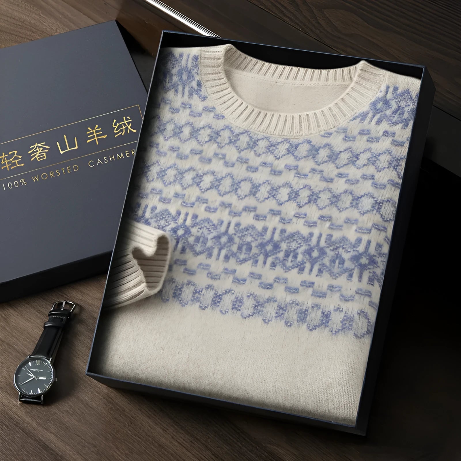 Men's jacquard cashmere sweater in beige, thickened knit, long sleeves, loose fit pullover style