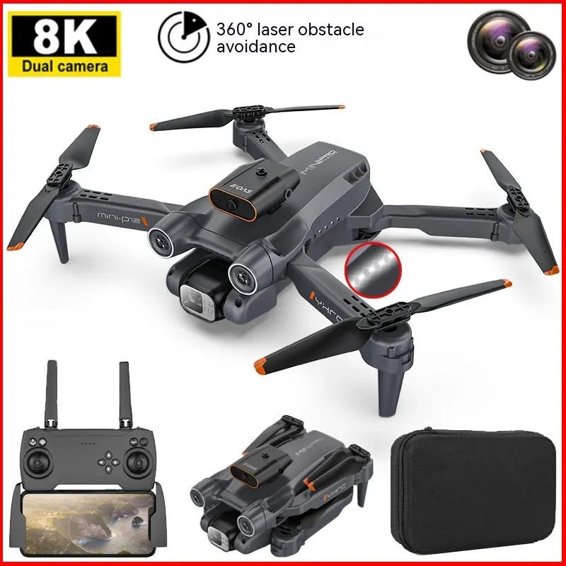 Black and orange foldable remote control quadcopter drone with four propellers and a mounted camera.