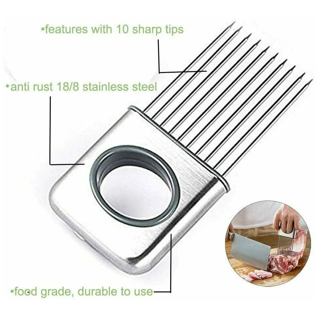 Stainless steel onion holder kitchen tool with prongs for slicing vegetables hands-free