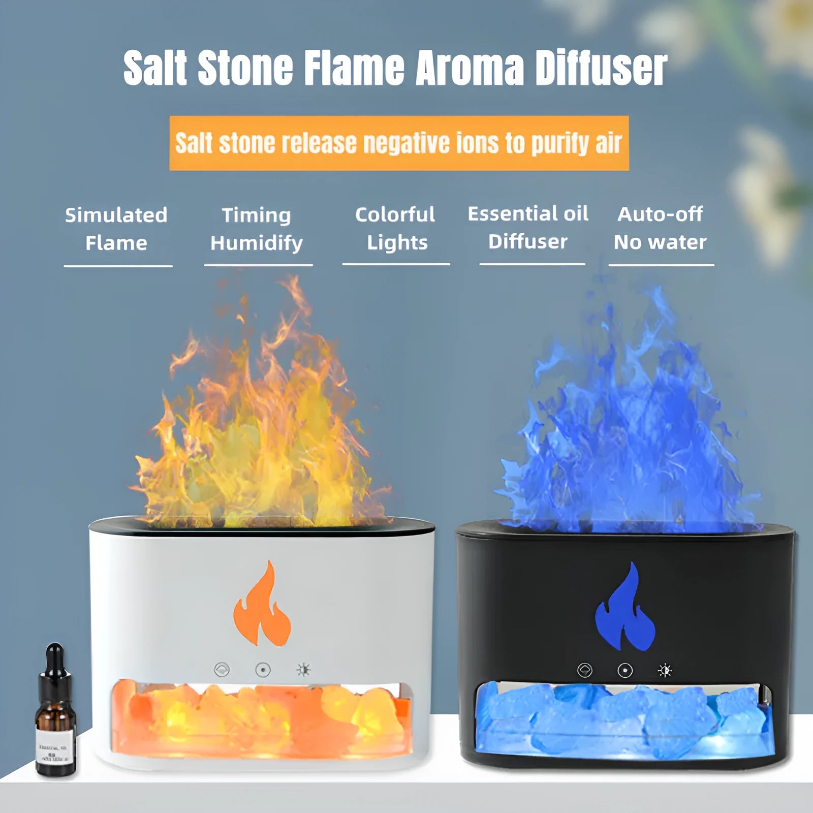 Square white flame humidifier with aromatherapy diffuser and colourful simulation flame on a desktop.