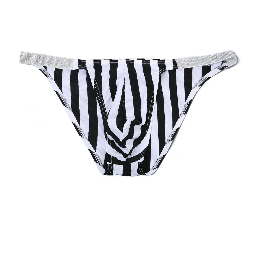 Men's zebra striped briefs with shiny belt detailing and low waist design in knitted nylon fabric