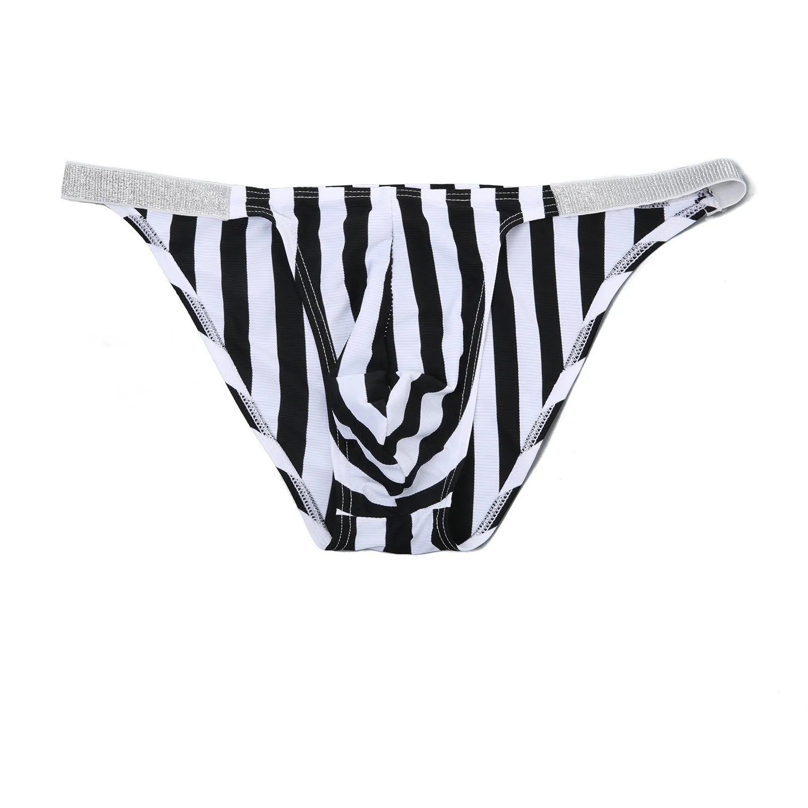 Men's zebra striped briefs with shiny belt detailing and low waist design in knitted nylon fabric