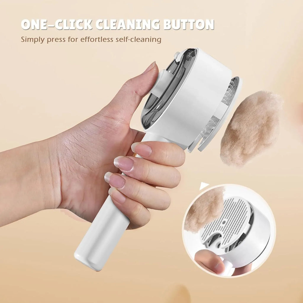 Pink and white cat grooming brush with mist spray function and stainless steel comb