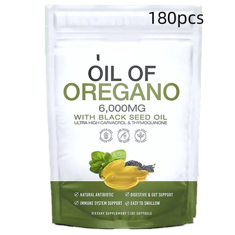 Portable black seed oil and olive oil capsules in a white bottle with 60 or 180 tablets option dietary supplement