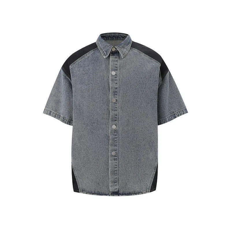 Retro washed denim suit set with short-sleeved jacket and trousers in black or blue street style
