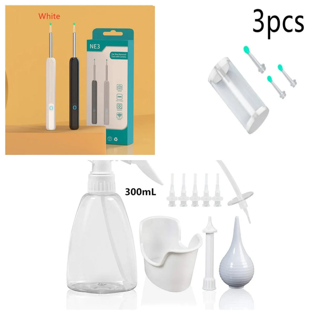 NE3 wireless ear cleaner otoscope with camera, charging cable, and spoon heads on a white background.
