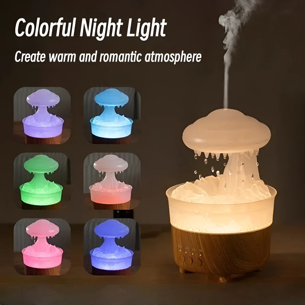 Wood grain white column-shaped rain cloud humidifier diffuser with colourful LED night light