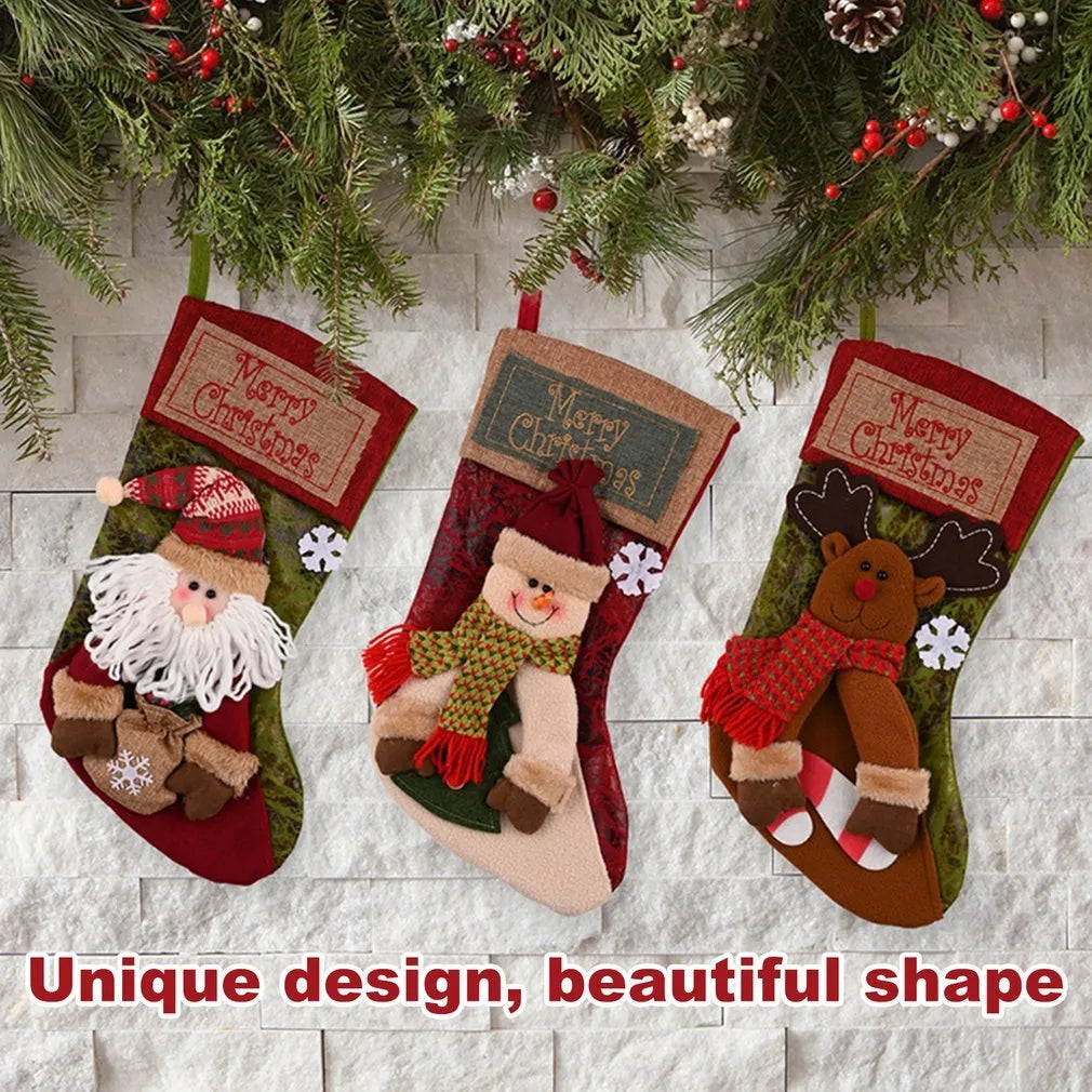 Red burlap Christmas stocking with 3D applique snowman design and fluffy white trim