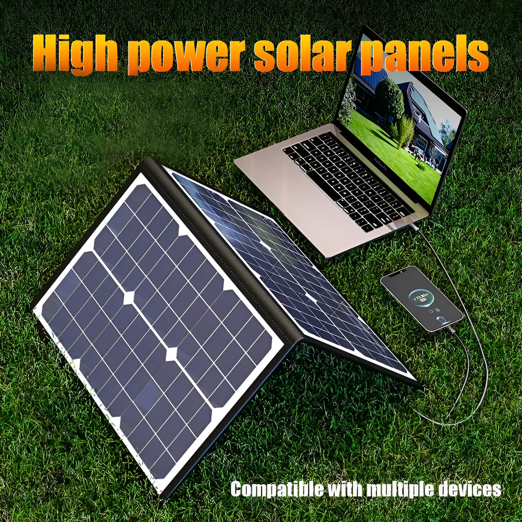 Black folding bag containing a 40W single crystal solar panel, shown folded to 425x285x8mm size.