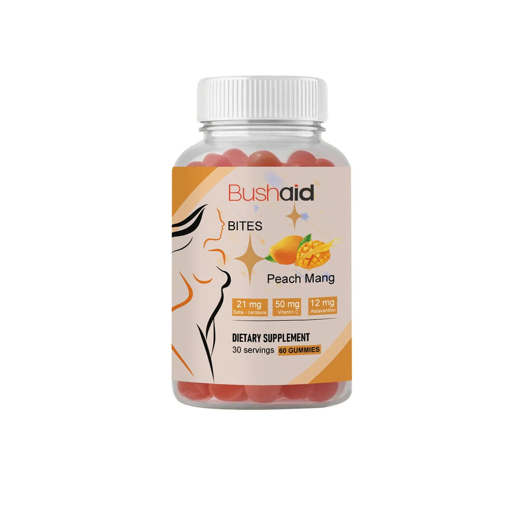 BUSHAID Tanning Gummy Candies dietary supplement showing 60 soft candies with astaxanthin and Vitamin D3