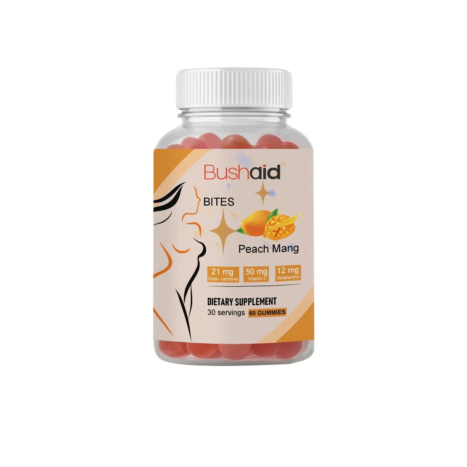 BUSHAID Tanning Gummy Candies dietary supplement showing 60 soft candies with astaxanthin and Vitamin D3