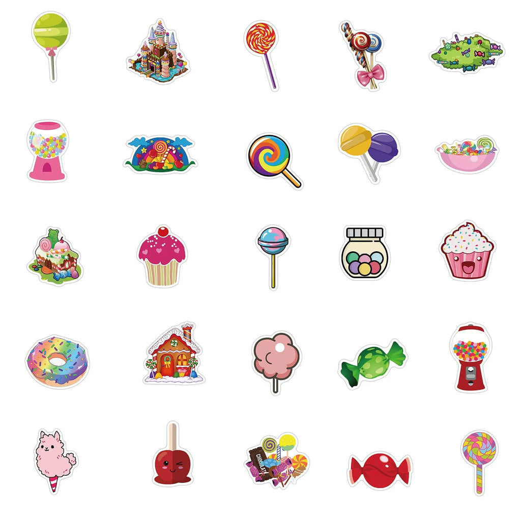 Candy series graffiti stickers pack showing colourful cartoon designs on 50 adhesive sheets
